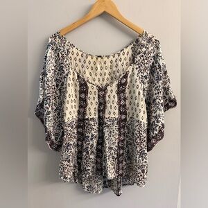 Free People Lana Floral Geometric Print Tunic Top Sz L Peasant Boho Earthy